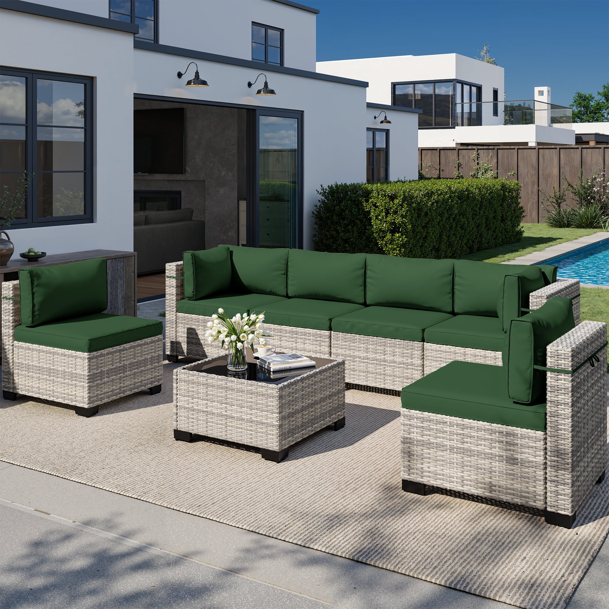 7-Piece Patio Furniture Set, Outdoor Patio Furniture with Thick Cushions, Modular Patio Sofa, Dual-Strand Wicker Rattan, Rust-Resistant Frame, Backyard Furniture for Garden, Deck, Dark Green