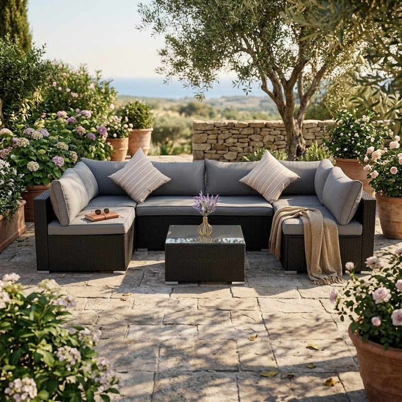 7-Piece Patio Furniture Set, Outdoor Sectional Sofa Set with Cushions and Glass-Top Coffee Table, Outdoor Conversation Set