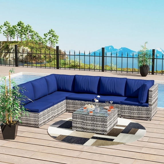 7-Piece Patio Furniture Set, Outdoor Sectional Sofa Set with Cushions and Glass-Top Coffee Table, Outdoor Conversation Set