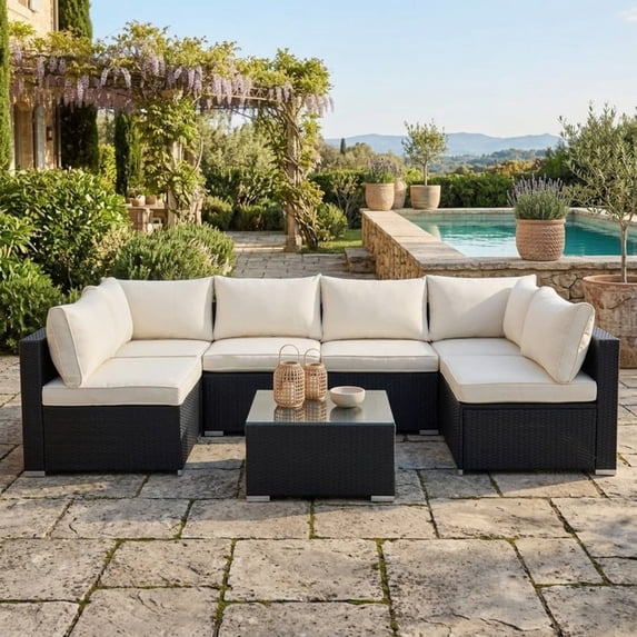 7-Piece Patio Furniture Set, Outdoor Sectional Sofa Set with Cushions and Glass-Top Coffee Table, Outdoor Conversation Set