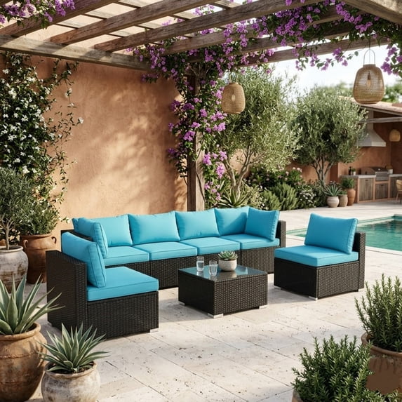 7-Piece Patio Furniture Set, Outdoor Sectional Sofa Set with Cushions and Glass-Top Coffee Table, Outdoor Conversation Set