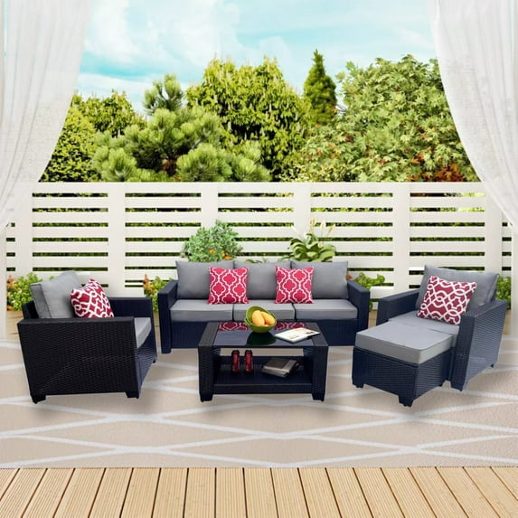 7-Piece Patio Furniture Set, Outdoor Wicker Conversation Set, All Weather PE Rattan Sectional Sofa Set with Cushions and Tempered Glass Top Coffee Table, Pillows, Gray