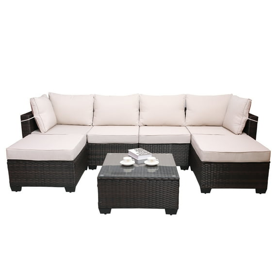 7 Piece Patio Furniture Set, Outdoor Wicker Conversation Set with Coffee Table, Rust-proof Metal Frame, Waterproof Cushion