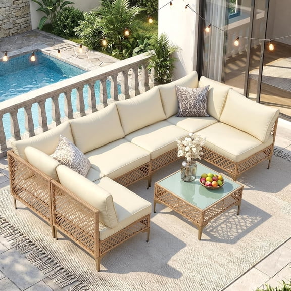 7 Piece Patio Furniture Set, Outdoor Wicker Modular Sectional Patio Conversation Set with Thicker Cushion & Tempered Glass Coffee Table for Backyard, Poolside, Porch (Yellow/Beige)