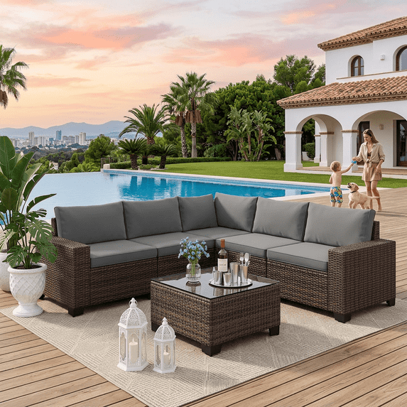 6-Pieces Patio Furniture Set, PE Rattan Outdoor Couch with Cushions and Glass Coffee Table, Wicker Sofa Set for Backyard, Porch, Garden, Balcony - Gray