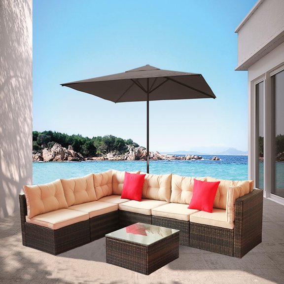 7-Piece Patio Furniture Set PE Rattan Sectional Garden Furniture Corner Sofa Set (Coffee)