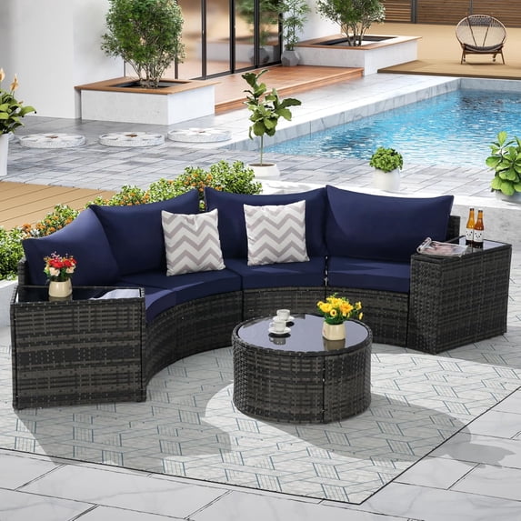 7 Pieces Half-Moon Outdoor Patio Furniture Set, Rattan Patio Conversation Set with Coffee Table & 2 Sofa Side Table for Backyard, Blue
