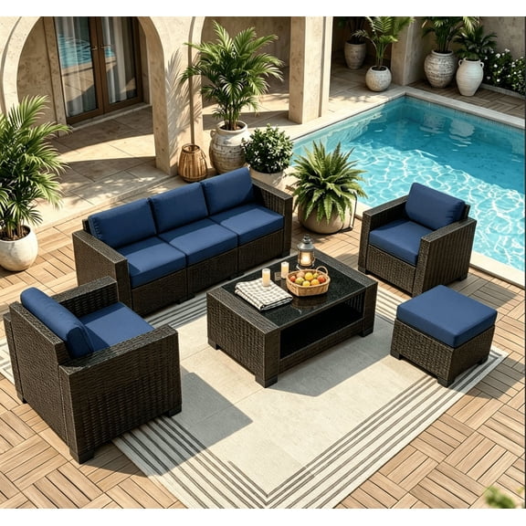 7 Piece Patio Furniture Set, Slanted Back Outdoor Sectional Sofa Conversation Set with Cushions & Glass Table, Dark Brown Rattan Patio Furniture for Garden, Deck, Poolside,Dark Brown Rattan & Peacock
