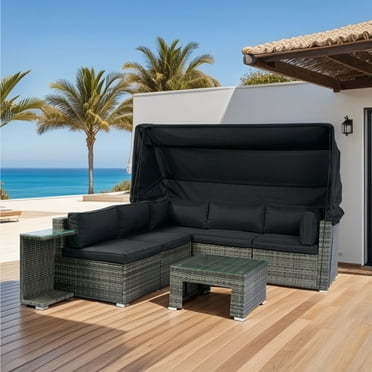 7-Piece Patio Furniture Set W/Retractable Canopy Wicker Rattan Sectional Sofa Set Patio Furniture with Washable Cushions for Lawn, Backyard, Poolside Wicker + Cushion (Black)