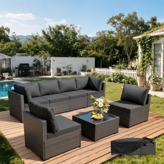 7-Piece Patio Furniture Set with Waterproof Cover, Outdoor PE Rattan Wicker Modular Sectional Sofa with Cushions and Tempered Glass Coffee Table, for Porch, Garden and Poolside, Dark Gray