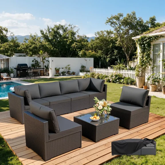 7-Piece Patio Furniture Set with Waterproof Cover, Outdoor PE Rattan Wicker Modular Sectional Sofa with Cushions and Tempered Glass Coffee Table, for Porch, Garden and Poolside, Dark Gray