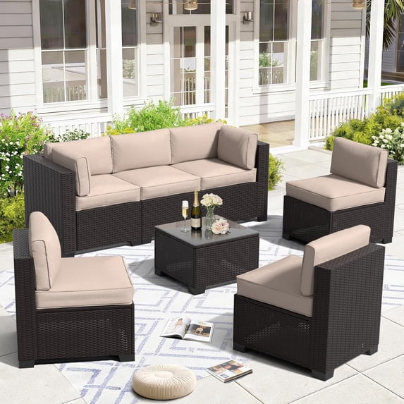 7 Piece Patio Furniture Set, Wicker Patio Conversation Sets, Outdoor Sectional Furniture with Tempered Glass Table, for Backyard, Deck, Garden, Dark Brown Rattan & Khaki Cushions