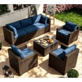 thumbnail image 1 of 7 Piece Wicker Patio Furniture Set, Outdoor Sectional Conversation Set with Tempered Glass Table, Dark Brown Rattan & Navy Blue Cushions for Backyard Deck Garden, 1 of 10
