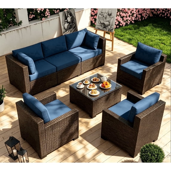 7 Piece Wicker Patio Furniture Set, Outdoor Sectional Conversation Set with Tempered Glass Table, Dark Brown Rattan & Navy Blue Cushions for Backyard Deck Garden