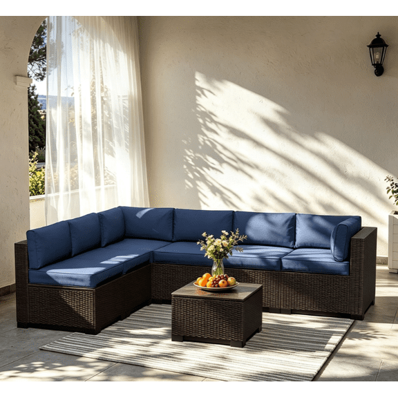 7 Piece Wicker Patio Furniture Set, Outdoor Sectional Conversation Set with Tempered Glass Table, Dark Brown Rattan & Navy Blue Cushions for Backyard Deck Garden