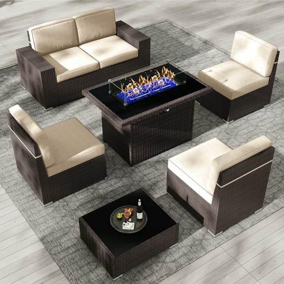 7 Piece Patio Furniture Set with 44" Propane Gas Fire Pit Table, Outdoor Sectional Conversation Set Wicker Rattan Sofa Set with Coffee Table