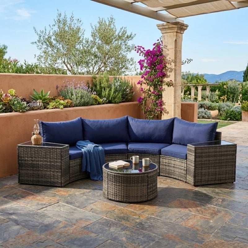 7-Piece Patio Furniture Set with Round Coffee Table, All Weather Wicker PE Rattan Half-Moon Curved Sectional Sofa Set with 2 Side Table for Backyard