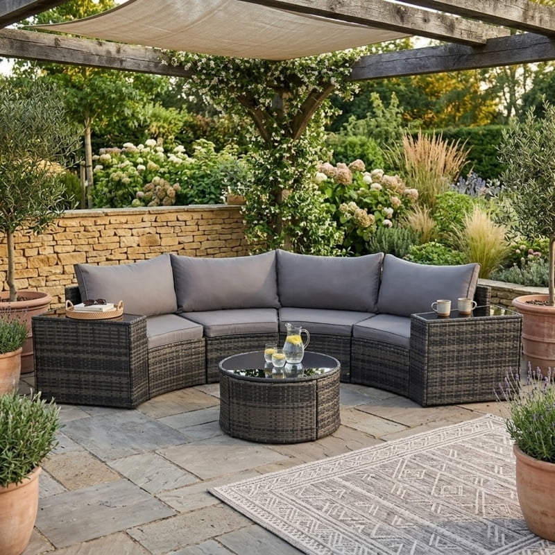 7-Piece Patio Furniture Set with Round Coffee Table, All Weather Wicker PE Rattan Half-Moon Curved Sectional Sofa Set with 2 Side Table for Backyard
