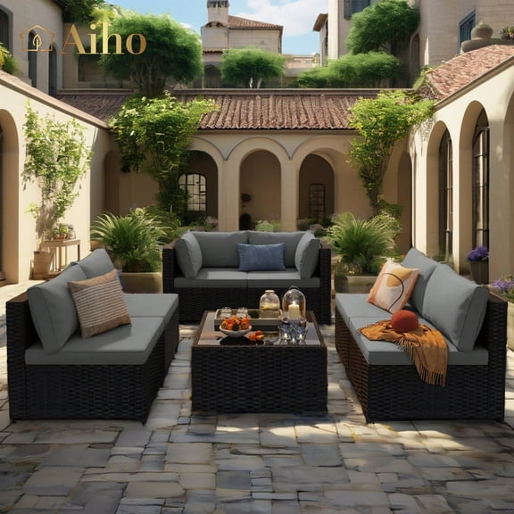 7 Piece Patio Furniture Sets, Aiho Outdoor Sectional Sofa with Glass Coffee Table & Cushions for Patio - Gray
