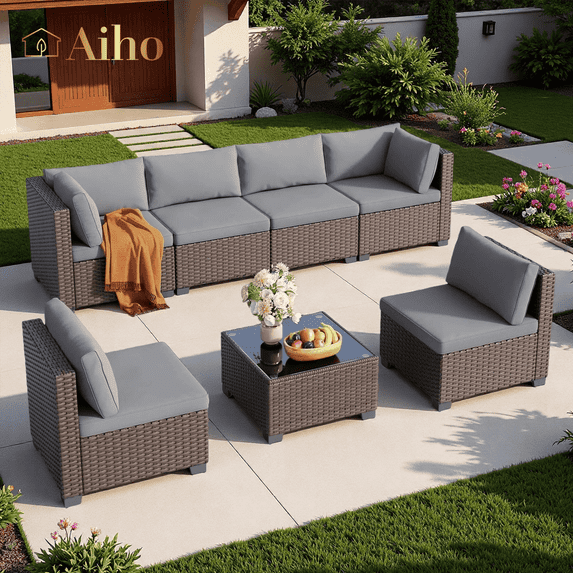7 Pieces Patio Furniture Set, Aiho Wicker Outdoor Sectional Sofa with Glass Coffee Table & Soft Cushions, Perfect for Patio, Garden, Gray