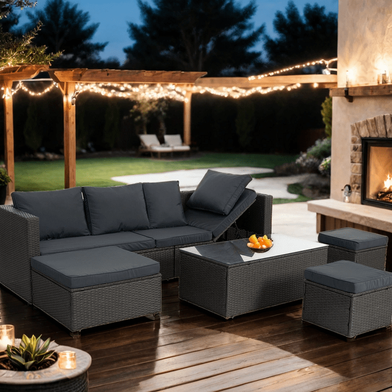 7 Piece Patio Furniture Sets Outdoor Sectional PE Rattan Outdoor Furniture Patio Conversation Set with Adjustable Lounger Sofa Ottomans for Balcony