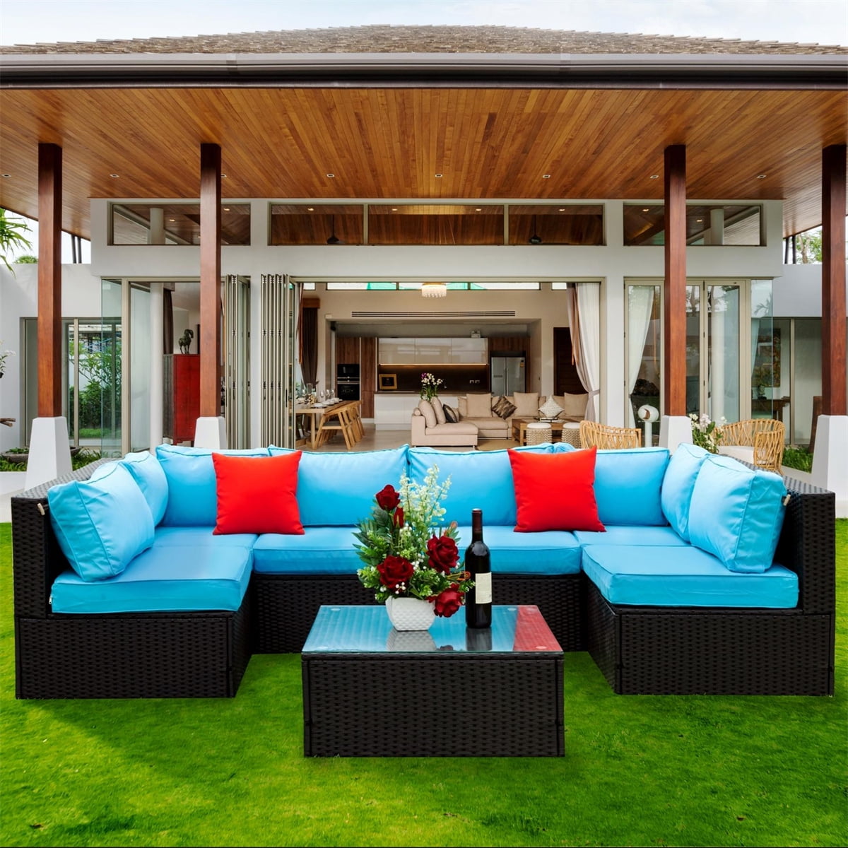 7 Piece Patio Furniture Sets Outdoor Sectional PE Rattan Outdoor Furniture Patio Conversation Set with Cushions and Glass Coffee Table, for Balcony Lawn and Garden, Blue