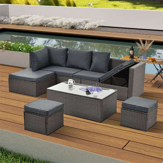 7 Piece Patio Furniture Sets Outdoor Sectional PE Rattan Outdoor Furniture Patio Conversation Set with Adjustable Lounger Sofa & Ottomans, for Balcony Lawn and Garden, Gray