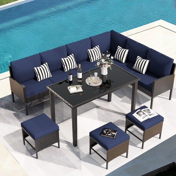YIORTWO 7-Piece Patio Furniture Set, Small Space Outdoor Sectional with Tempered Glass Table & Waterproof Cushions, All-Weather Rattan for Backyard, Garden - Dark Blue