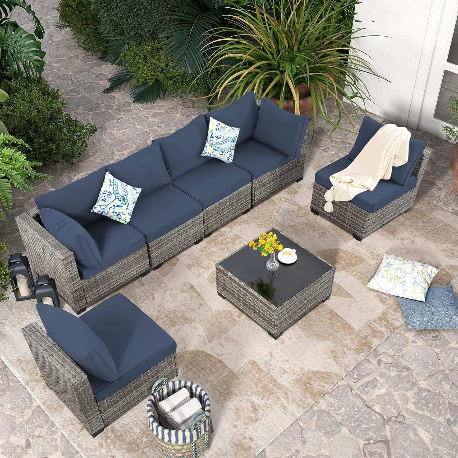 YIORTWO 7-Piece Outdoor Patio Furniture Set, PE Wicker Sectional Conversation Sofa Set with Glass Coffee Table, Weather-Resistant Cushions for Patio, Garden, Backyard