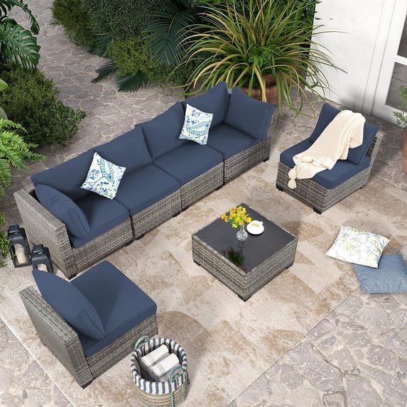 YIORTWO 7-Piece Outdoor Patio Furniture Set, PE Wicker Sectional Conversation Sofa Set with Glass Coffee Table, Weather-Resistant Cushions for Patio, Garden, Backyard