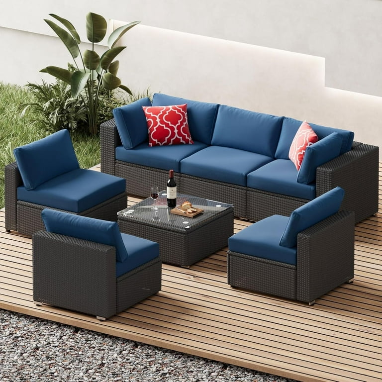 7-Piece Outdoor Rattan Patio Set with Adjustable Sofa Ottomans - Main Image