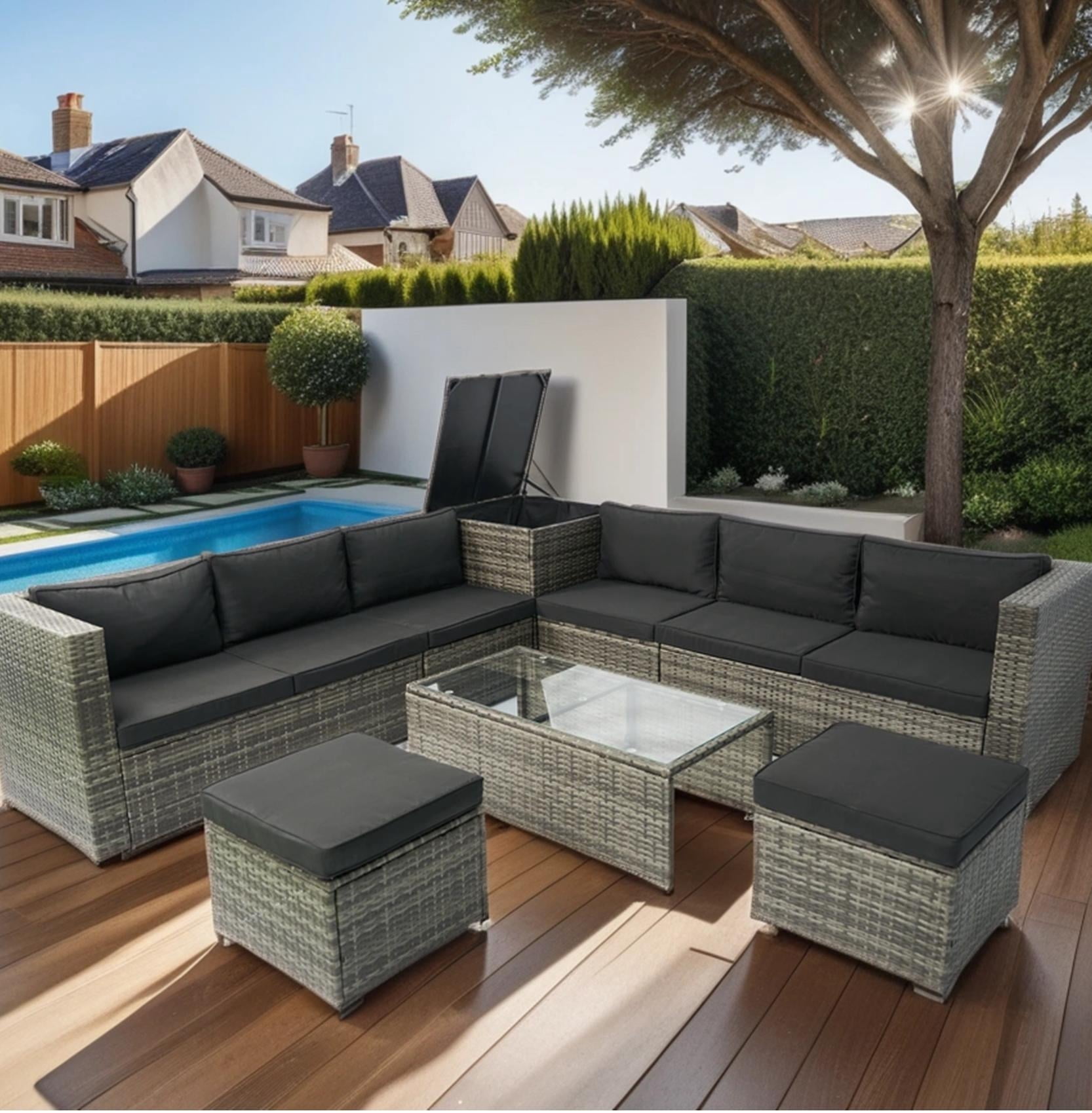 8-Piece Patio Furniture Set, All-Weather Rattan Patio Sectional Sofa Set with Storage Box & Glass Table, Configurable Outdoor Furniture for Deck, Pool, Garden, Grey & Black