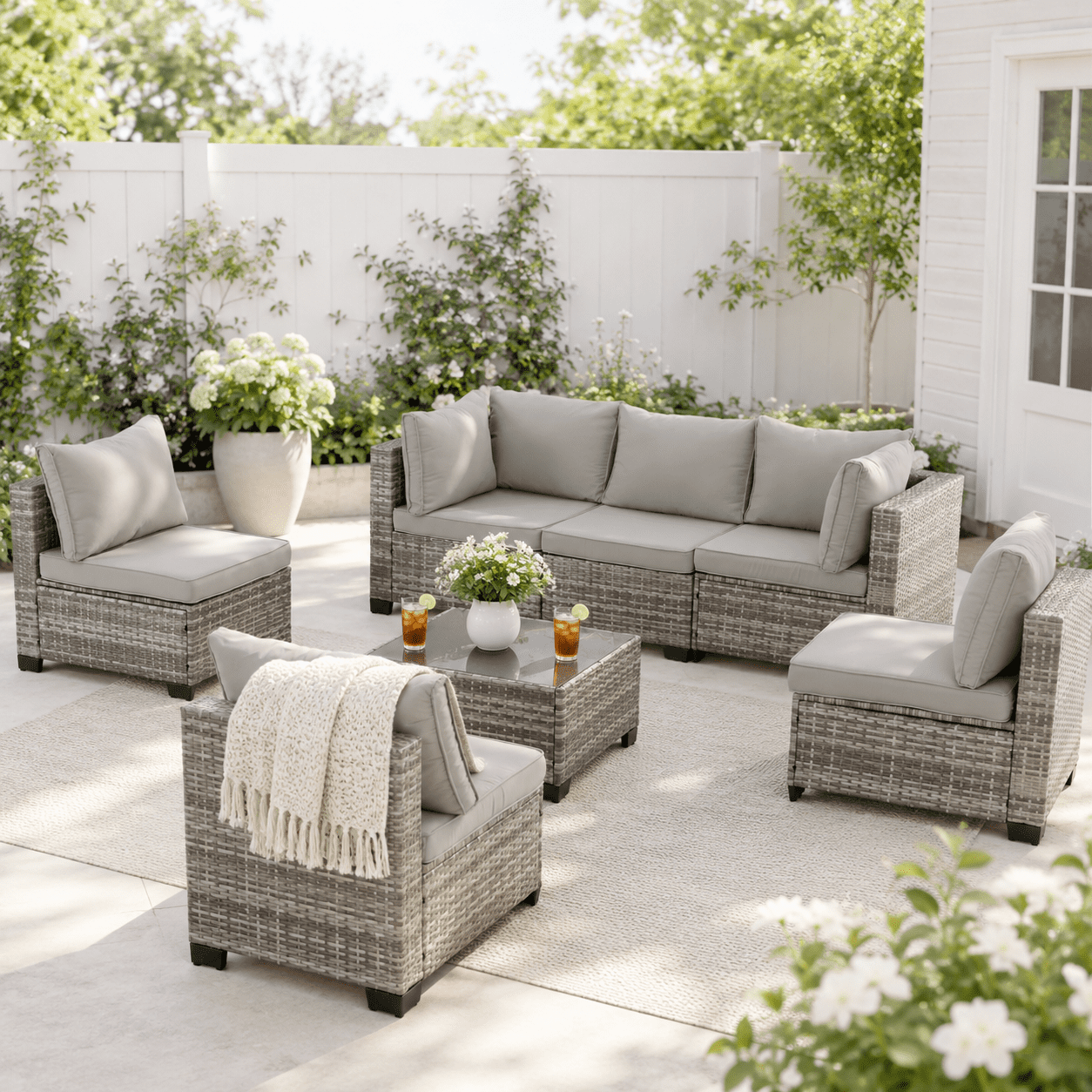 7 Piece Patio Furniture Sets Outdoor Sectional PE Rattan Outdoor Furniture Patio Conversation Set with Cushions and Glass Coffee Table, for Balcony Lawn and Garden, Grey