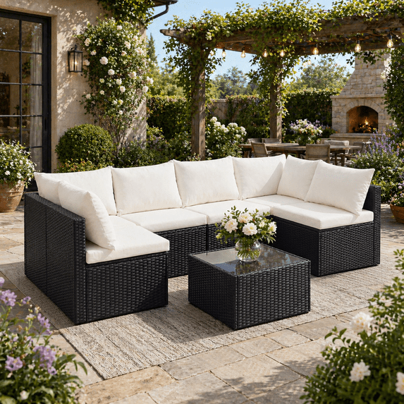 YIORTWO 7-Piece Outdoor Patio Furniture Set, Modular Wicker Sectional Sofa with 2.8" Thick Cushions, All-Weather Rattan Conversation Set with Tempered Glass Table, Black