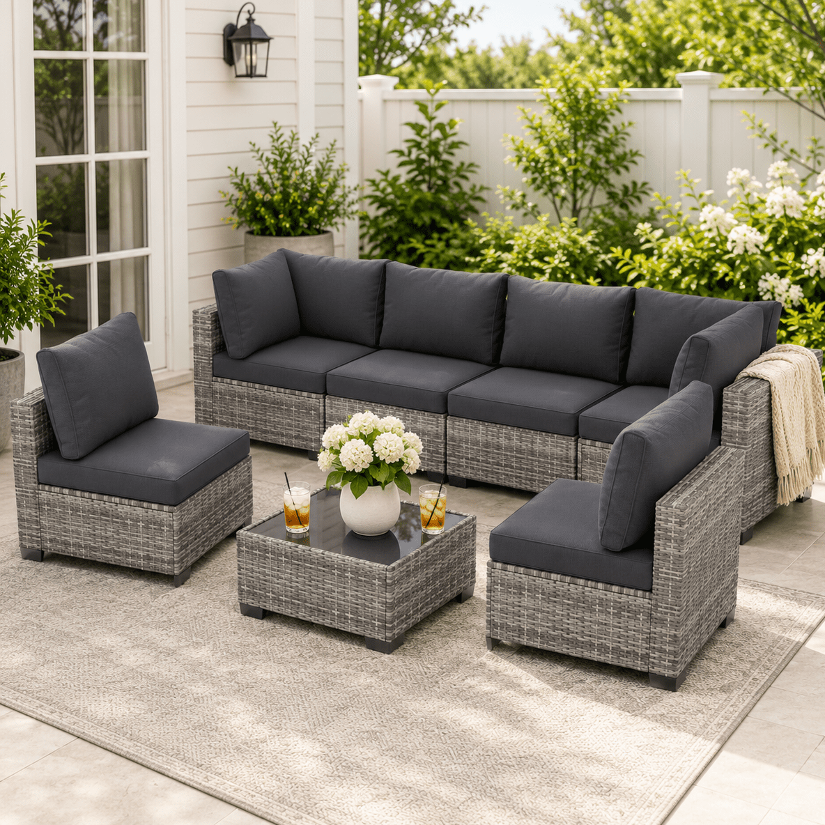 YIORTWO 7-Piece Outdoor Patio Furniture Set, Modular Wicker Sectional Sofa with 3.15" Thick Cushions, All-Weather Rattan Conversation Set with Tempered Glass Table, Grey