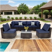 YIORTWO 7-Piece Outdoor Patio Furniture Set for Small Spaces, All-Weather Wicker Sectional with Tempered Glass Table & Waterproof Cushions, Dark Blue