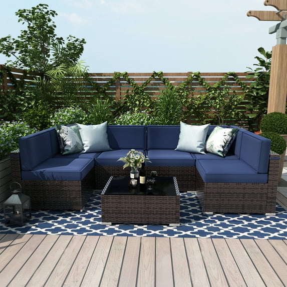 7 Piece Patio Furniture Sets, Outdoor Sectional Patio Conversation Set Wicker Rattan Sofa Chair Set with Cushion and Glass Table