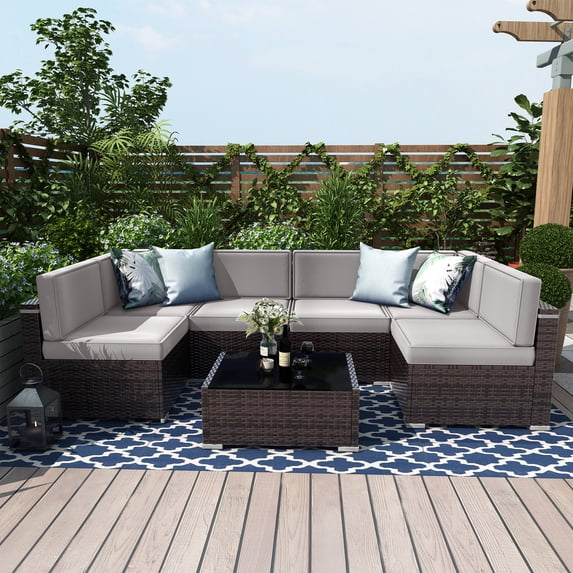 7 Piece Patio Furniture Sets, Outdoor Sectional Patio Conversation Set Wicker Rattan Sofa Chair Set with Cushion and Glass Table
