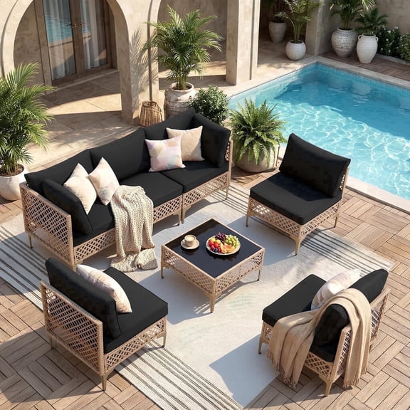 7-Piece Patio Furniture Set with Tea Table,Weather Resistant Rattan Wicker Bohemian Outdoor Sectional Sofa Conversation Set for Backyard, Poolside, Porch, Garden, Yellow/Black