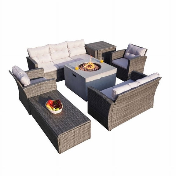 7-Piece Patio Grey Wicker Conversation Sofa Set with Fire Pit Table