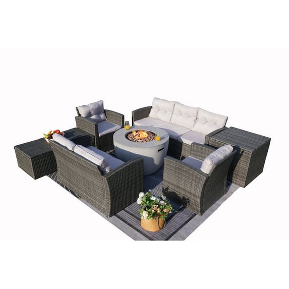 7-Piece Patio Grey Wicker Conversation Sofa Set with Fire Pit Table