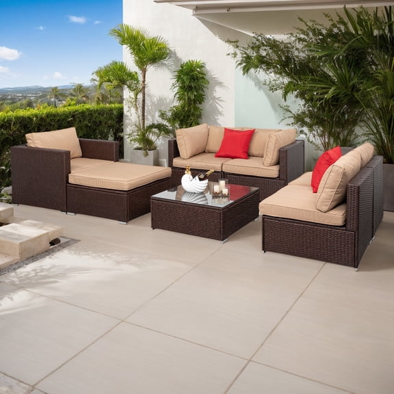 7-Piece Patio PE Wicker Corner Sofa Set, Wood Grain, Gray