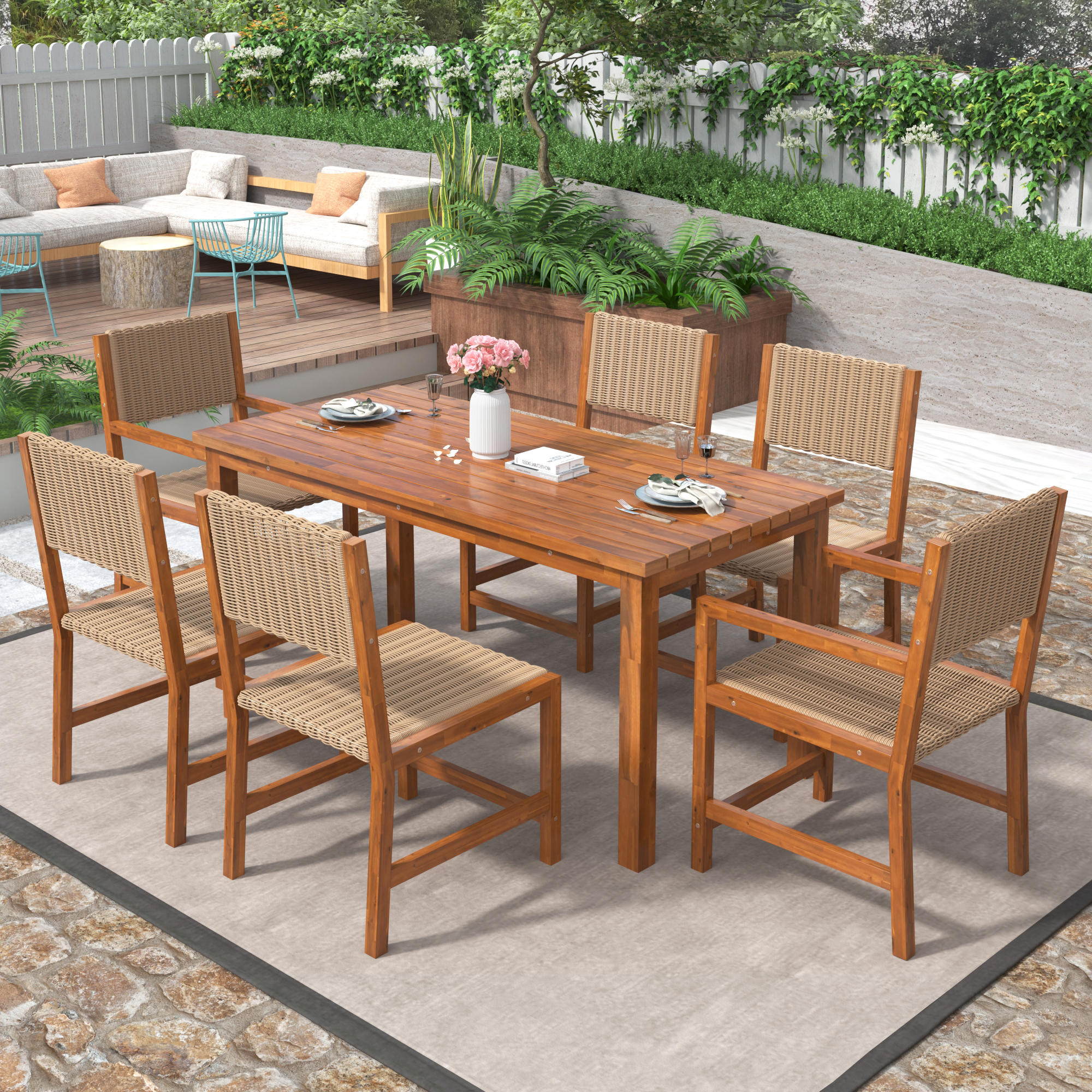 7 Piece Patio Rattan Dining Set, Outdoor Space Saving Rattan Chairs with Acacia Wood Table, All-Weather Dining Table and Chairs Set, HDPE Rattan Dining Chairs Set for Balcony Patio Garden Poolside - image 1 of 8