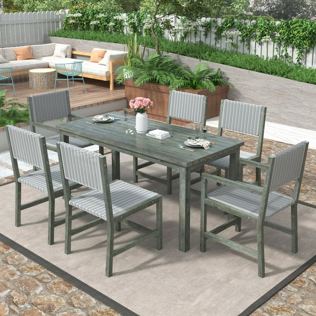 7 Piece Patio Rattan Dining Set, Outdoor Space Saving Rattan Chairs