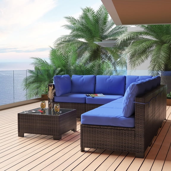 7-Piece Patio Sectional Sofa Set - Brown Gradient Four-Line PE Rattan Outdoor Furniture with Thick Detachable Navy Blue Cushions, Glass Top Table, All-Weather Conversation Set for Garden, Balcony