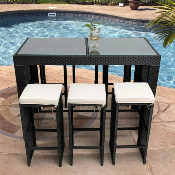 7 Piece Patio Table and Stools Sets, ENYOPRO Patio Furniture Dining Sets, Outdoor Wicker Bar Table with 6 Stools and Washable Cushions, Black Wicker + Beige Cushion, TE2617