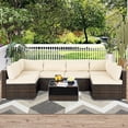 thumbnail image 1 of 7 Piece Patio Wicker Sofa Set, Outdoor Conversation Furniture Set with 4 Seats, 2 Corner Seats, 1 Glass Table, and Light Beige Cushions, Cushioned Sectional Chairs Set for Deck, Backyard, Poolside, 1 of 10