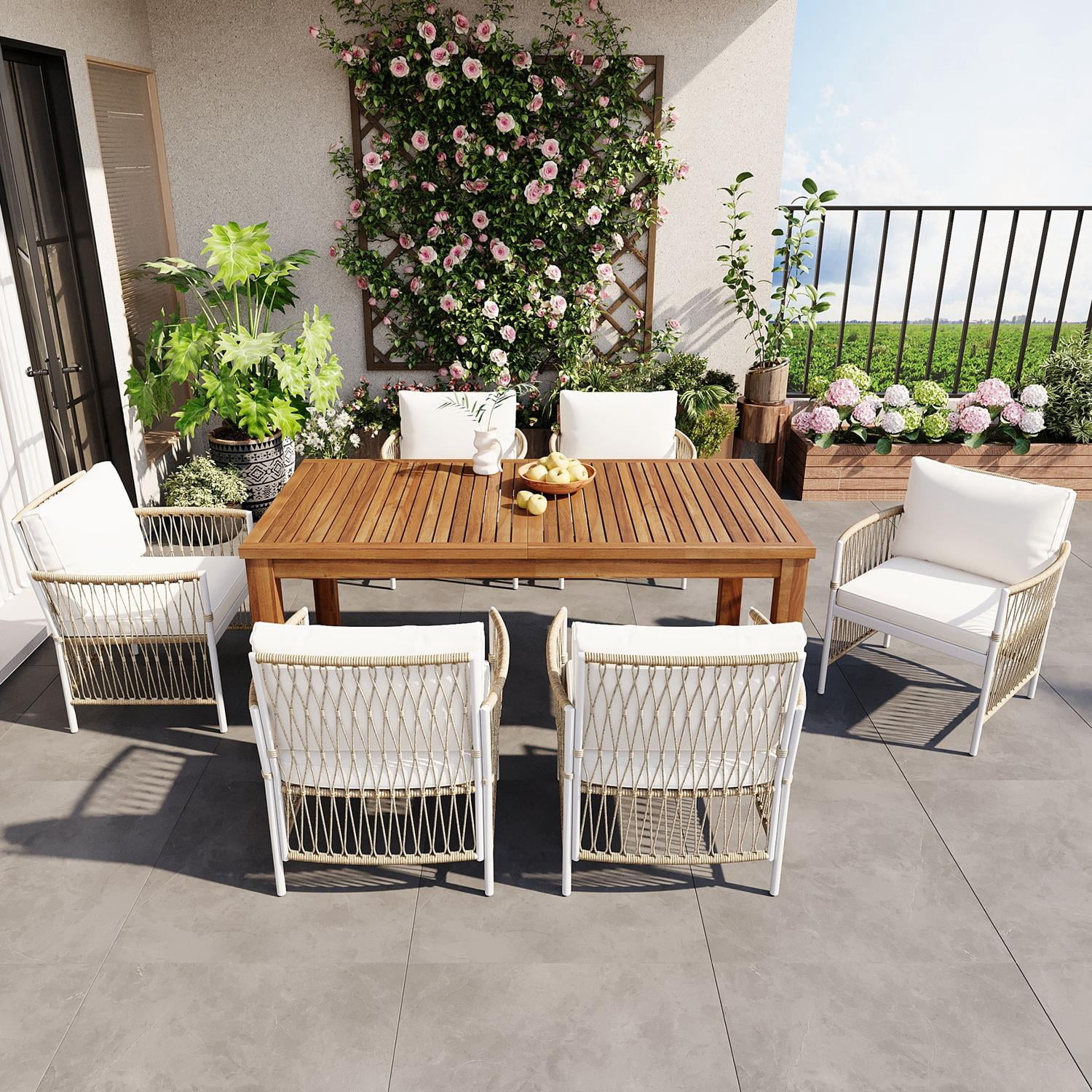 7-Piece Patio Wooden Dining Table Set, 67-Inch Outdoor Acacia Wood Table with 6 PE Rattan Wicker Arm Chairs and Cushions, Outdoor Dining Furniture Set for Garden Backyard, Natural
