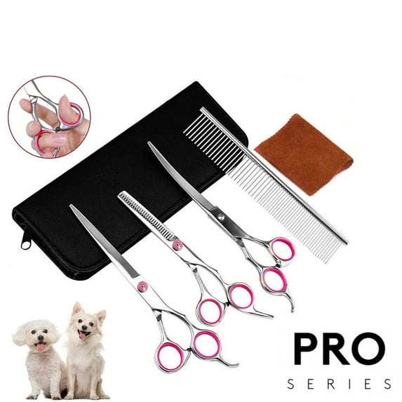 7-Piece Pet Grooming Scissors Kit, Stainless Steel Straight Curved & Thinning Shears with Comb and Case, Professional Dog Cat Hair Trimming Set