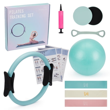 7-Piece Pilates Equipment Set, Complete Home Workout Kit with Magic Circle, Ball, Resistance Bands, Core Sliders, Green